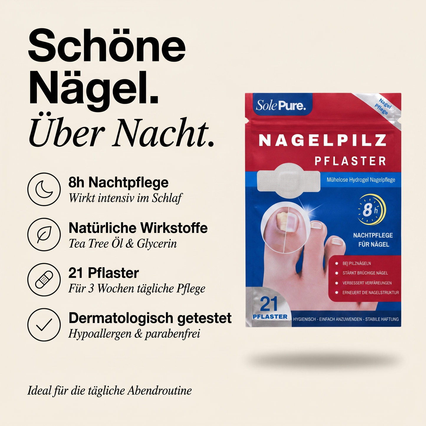 SolePure Nagelpilz Pflaster - Benefits: 8h Nachtpflege, natürliche Wirkstoffe, 21 Pflaster, dermatologisch getestet