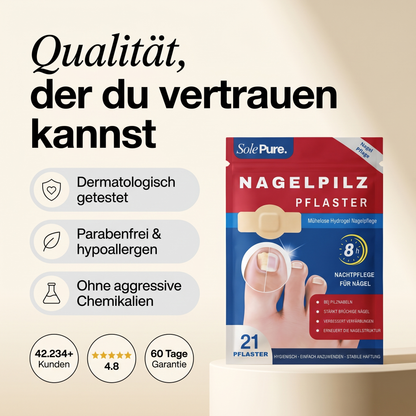 SolePure Qualität: dermatologisch getestet, parabenfrei, hypoallergen, 42.234+ Kunden, 4.8 Sterne, 60 Tage Garantie