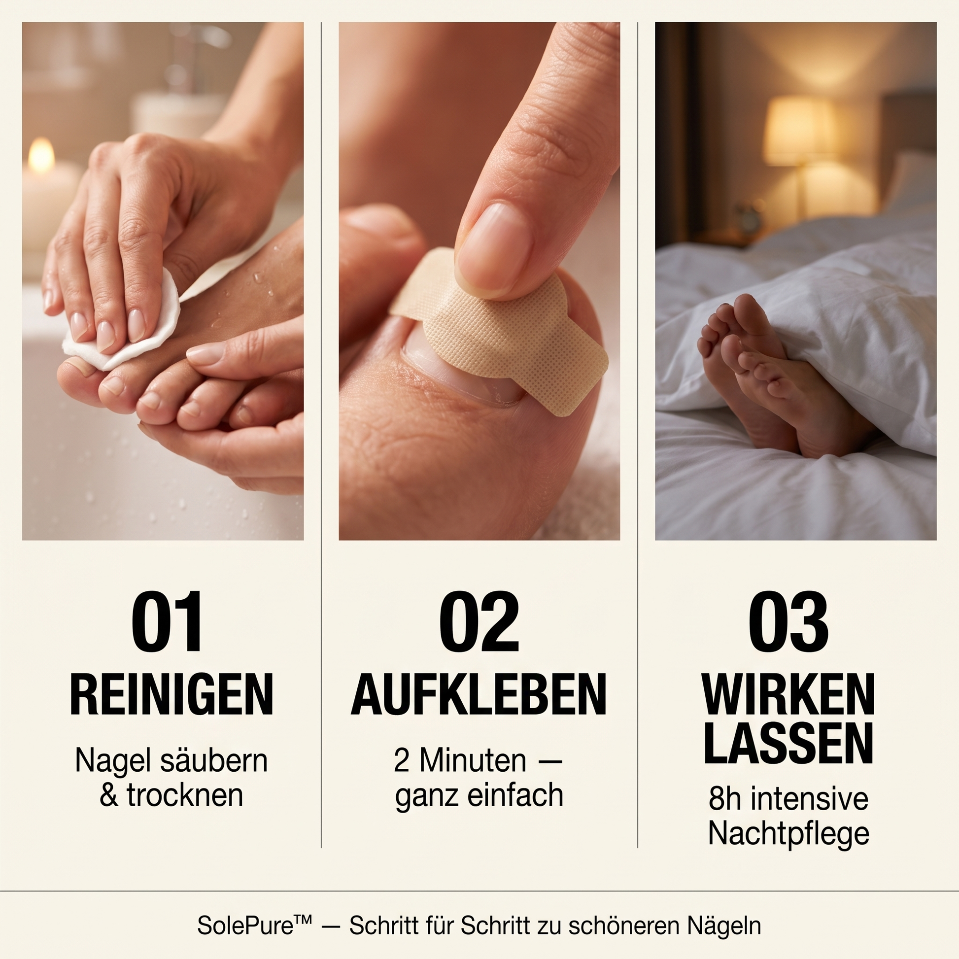 SolePure Anwendung: 01 Reinigen, 02 Aufkleben, 03 Wirken lassen - 8h Nachtpflege