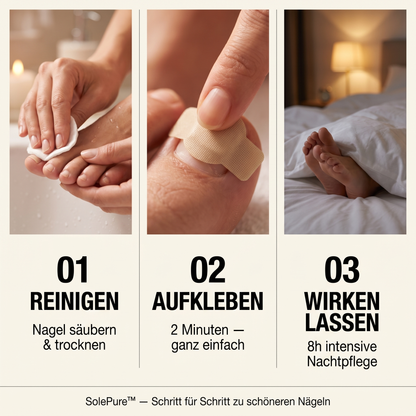 SolePure Anwendung: 01 Reinigen, 02 Aufkleben, 03 Wirken lassen - 8h Nachtpflege